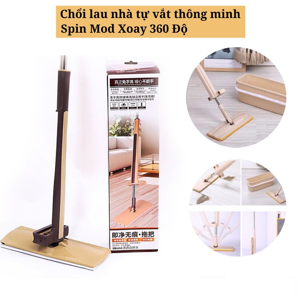 Cây lau nhà tự vắt phẳng thông minh Spin Mop xoay 360 độ - tặng thêm bông lau