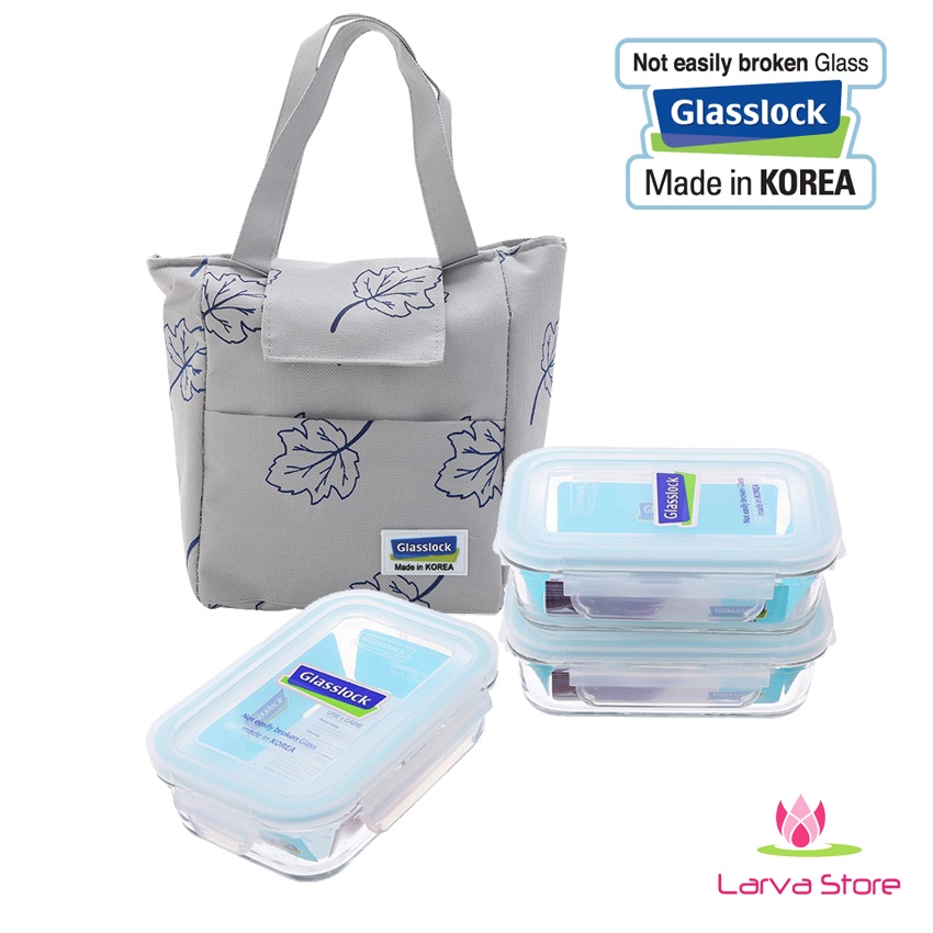 Bộ 3 hộp thủy tinh Glasslock 400ml kèm túi giữ nhiệt họa tiết lá phong - Larva Store