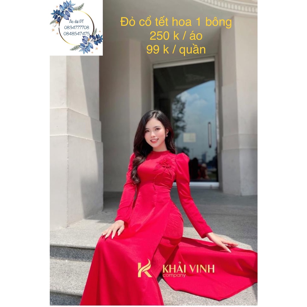 Áo dài đỏ thiết kế bông hoa thủ công, phần đuôi hoa tết rất cách điệu, chất lụa tây thi 2 tà mã T50239