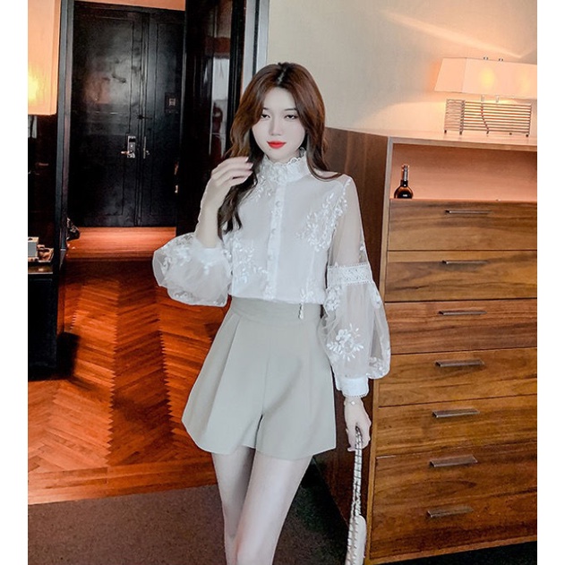 Áo Sơ Mi Chiffon Phối Ren Cổ Đứng Tay Phồng Thêu Họa Tiết Phong Cách Hàn Quốc Thời Trang Cho Nữ