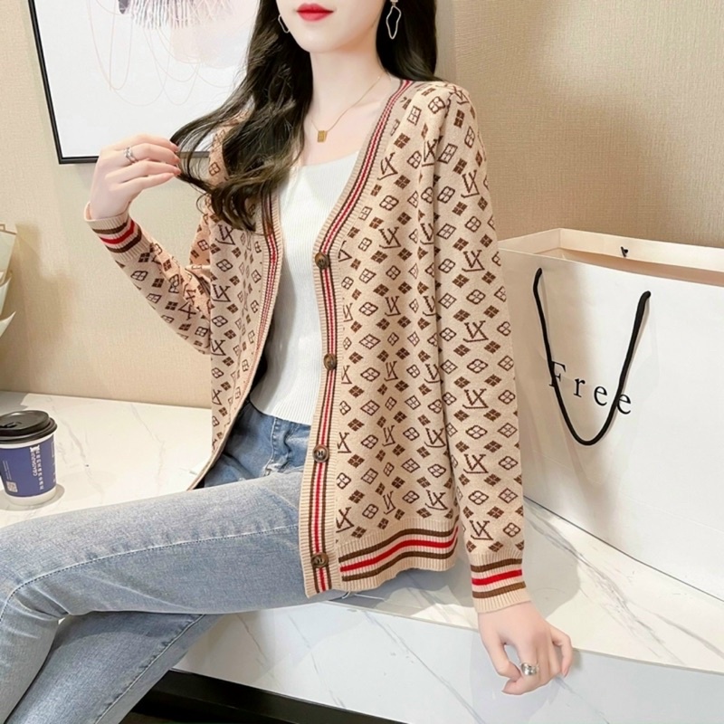 Áo khoác nữ cadigan len dài tay hoạ tiết chữ lv kèm video ảnh chụp thật tại shop