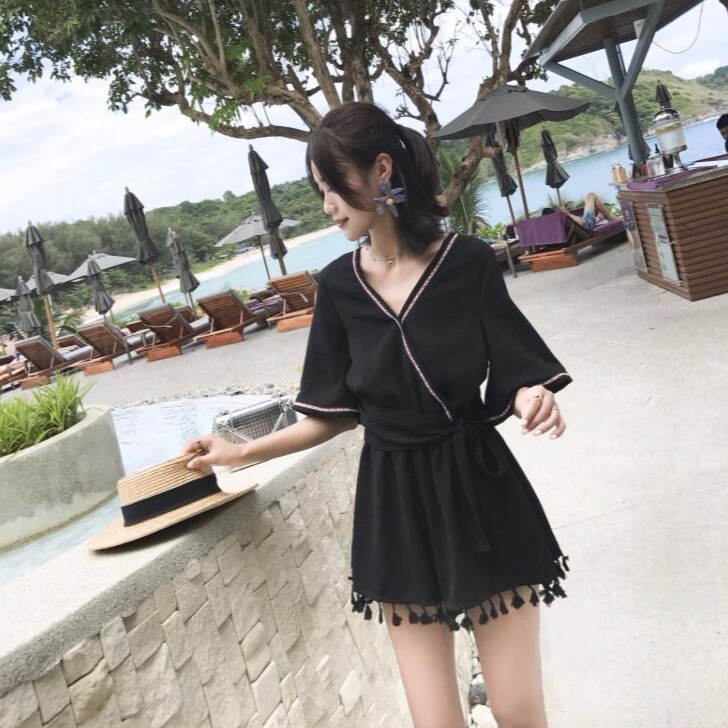 Jumpsuit Hai Dây Cổ Chữ V Dáng Rộng Thời Trang Đi Biển Cá Tính | BigBuy360 - bigbuy360.vn