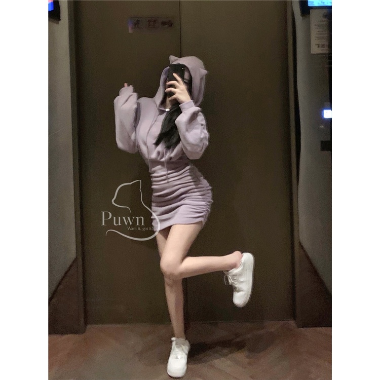 Váy Hodies mũ tai mèo, bó eo rút 2 bên màu tím dễ thương năng động Puwn Shop