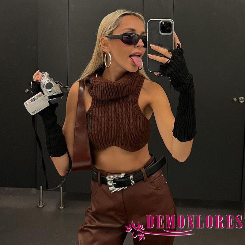 Áo Croptop Dệt Kim Sát Nách Cổ Cao Thời Trang Mùa Hè Cho Nữ