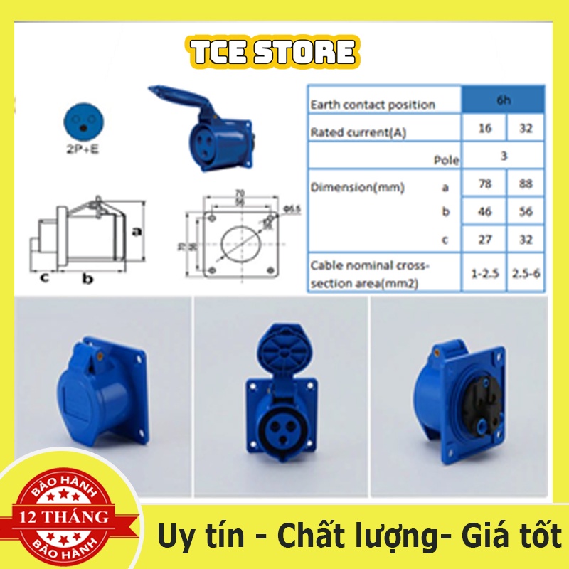 Ổ cắm công nghiệp, ổ cắm điện âm tường có nắp đậy 1 pha 3 chấu 16A