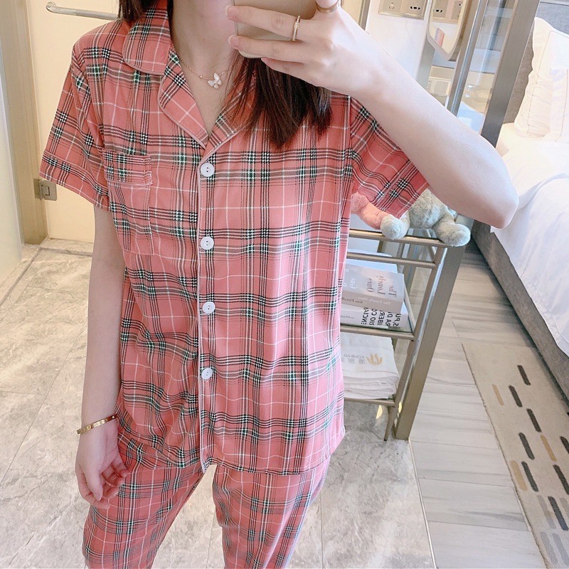 Bộ đồ ngủ nữ pijama họa tiết caro, Đồ bộ nữ cotton thun cộc tay mùa hè chất mát CICI