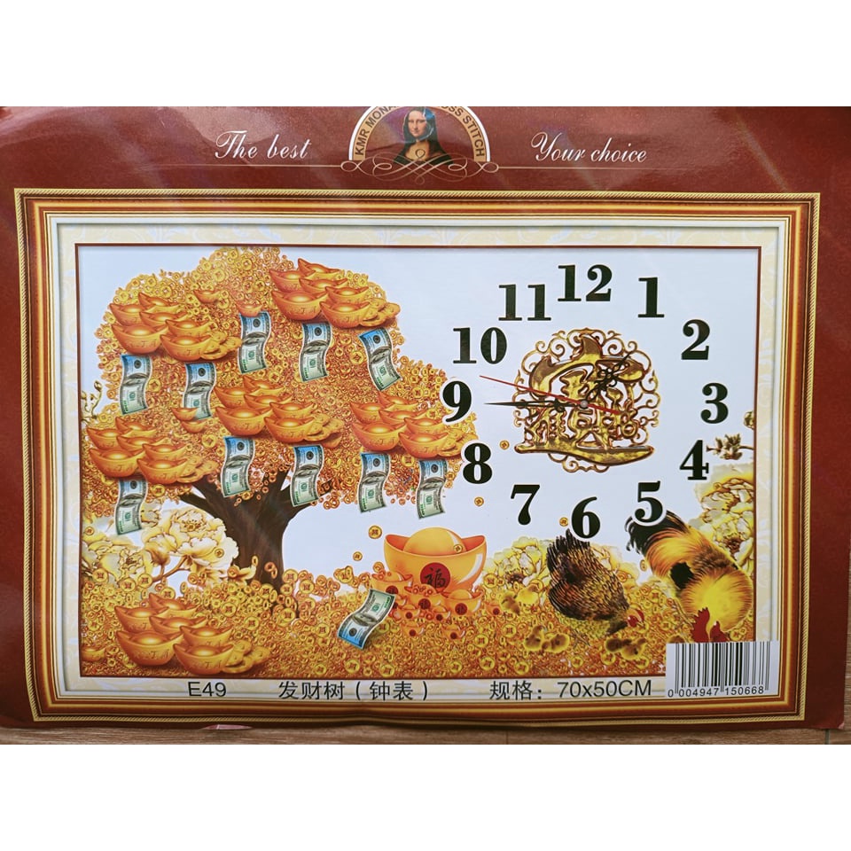 Tranh thêu kín  đồng hồ cây tiền tài lộc E49-70x50cm