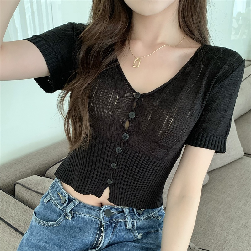 SUXI Áo Dệt Kim Ngắn Tay Cổ Chữ V Màu Sắc Trơn Thời Trang Mùa Hè Cho Nữ