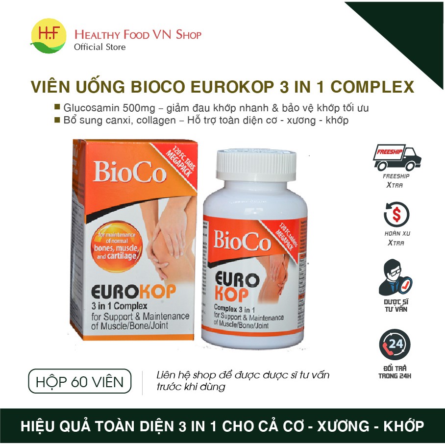 [Glucosamin 500] BioCo Eurokop 3 in 1 complex (Hộp 60 viên) - Giảm đau khớp nhanh, chắc xương, khỏe cơ