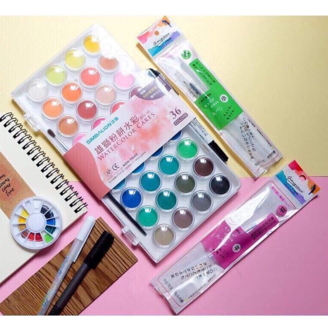 Combo 6 món Màu nước Simbaion + Sổ vẽ Sketchbook + Bút trắng sakura + Cọ nước + Bút line sakura