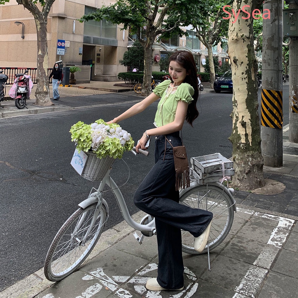 Áo croptop tay phồng ngắn phối ren quyến rũ thời trang mùa hè cho nữ