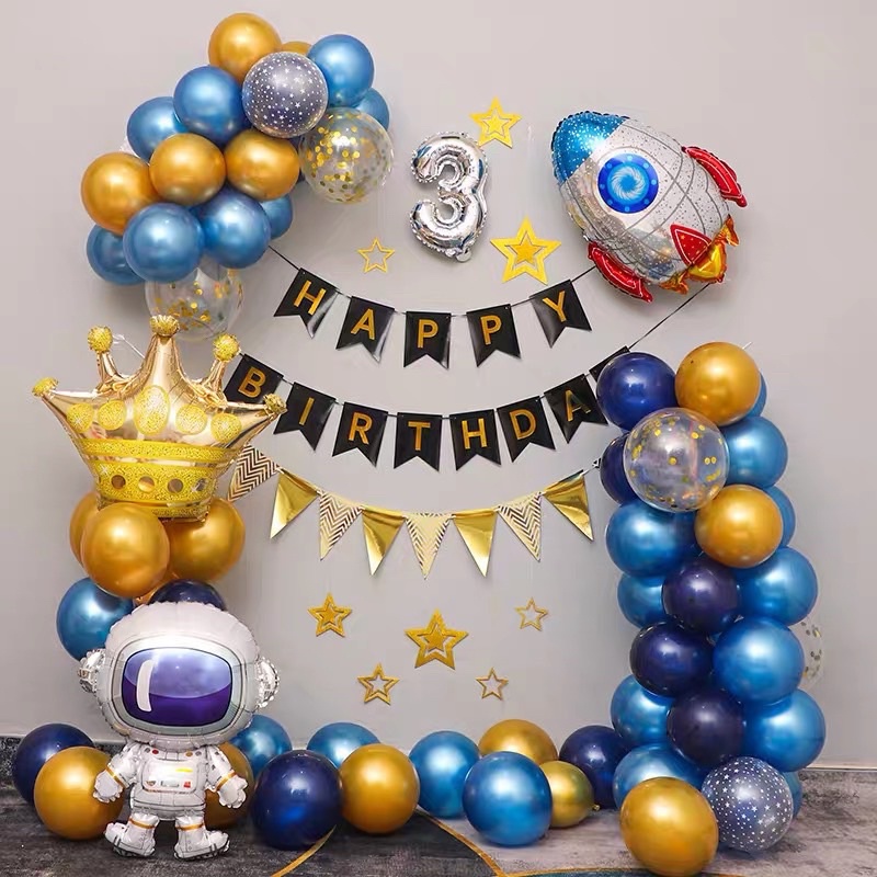 Set bóng xanh phi hành gia - vương miện - phụ kiện trang trí sinh nhật cho bé trai