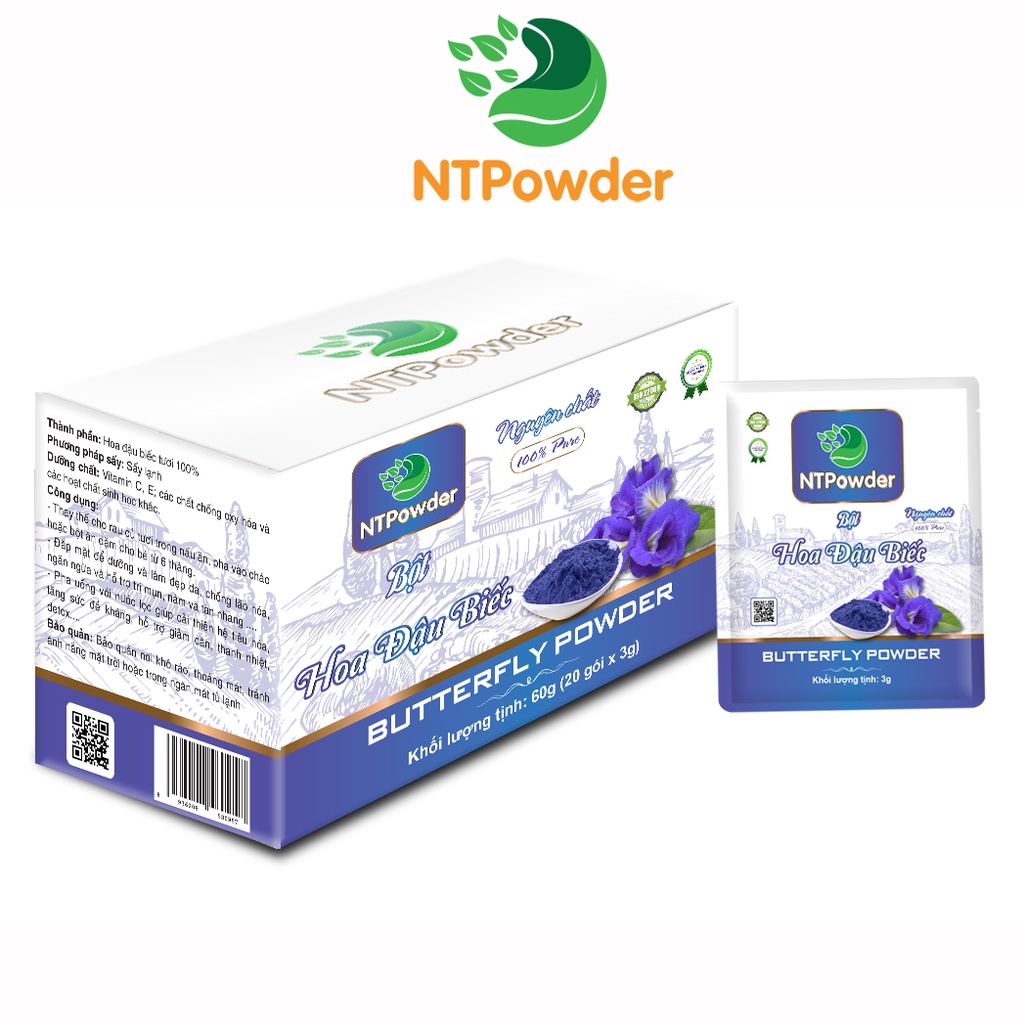 [Hộp 20 gói x 3g] Bột Hoa Đậu Biếc sấy lạnh nguyên chất NTPowder 60g - Nhất Tín Food