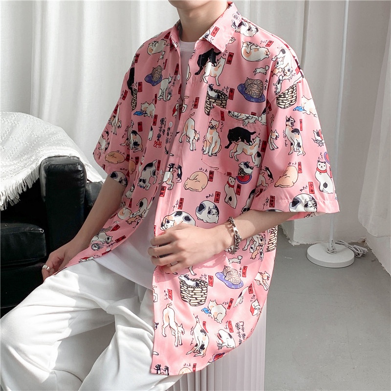 Slim Short Sleeve T-shirt Printed with Japanese Cartoon Cats and Dogs Slim Design Summer Fashion Men's 2022