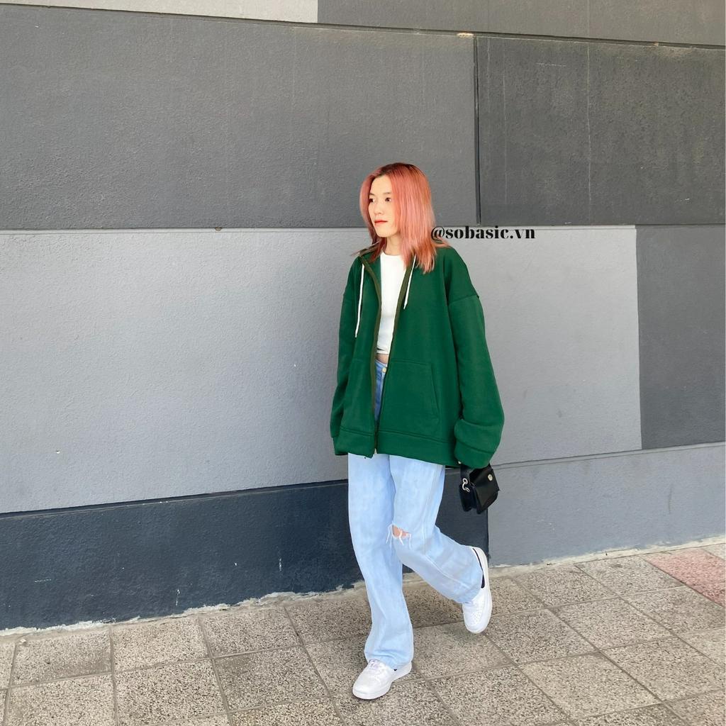 Áo khoác hoodie zip trơn unisex tay phồng form rộng Sobasic chất nỉ bông mềm mịn phong cách trẻ trung