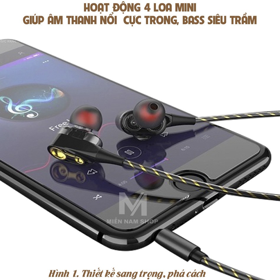 Tai nghe HiFi lõi kép 4 sợi cuốn loa mini.bass siêu trầm cho điện thoại chân androi và lightning MN003