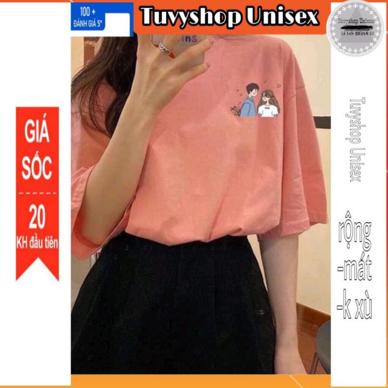 Áo phông nữ ⚡TUVYSHOP⚡ Áo cotton hút mồ hôi tay lỡ Unisex Đôi bạn oversize màu hồng