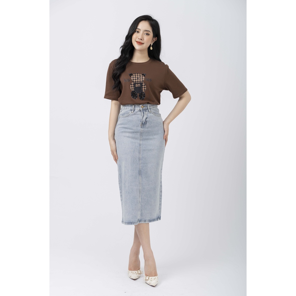 Chân váy Jeans dáng dài qua gối, chân váy bò xẻ sau FIONA B242005