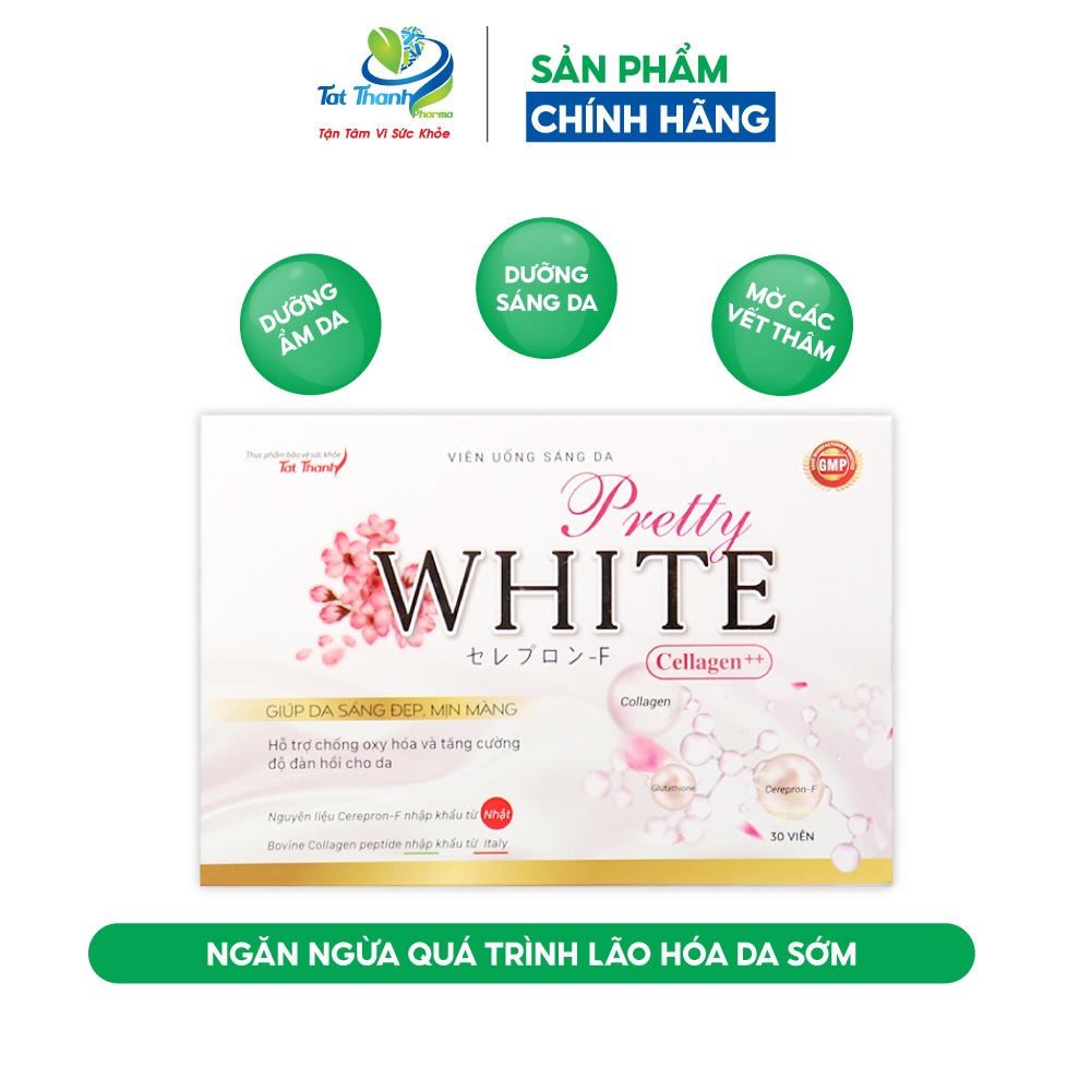 Viên uống sáng da Pretty White Cellagen ++ Tất Thành Pharma bổ sung collagen chống oxy hóa hộp 30 viên
