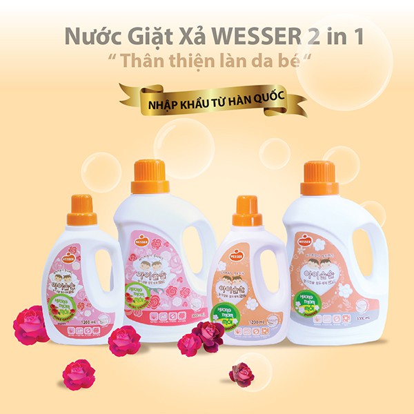 Nước giặt xả Wesser 2in1 hương RoseGarden 1200ml (Màu hồng,Hàng nhập khẩu)