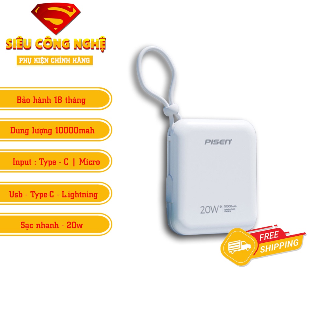 Sạc dự phòng PISEN Chính hãng CAO CẤP PISEN Quick QP 20W 10000mAh Sạc nhanh công nghệ mới nhất cho ip 11/12/13/14 BH18T