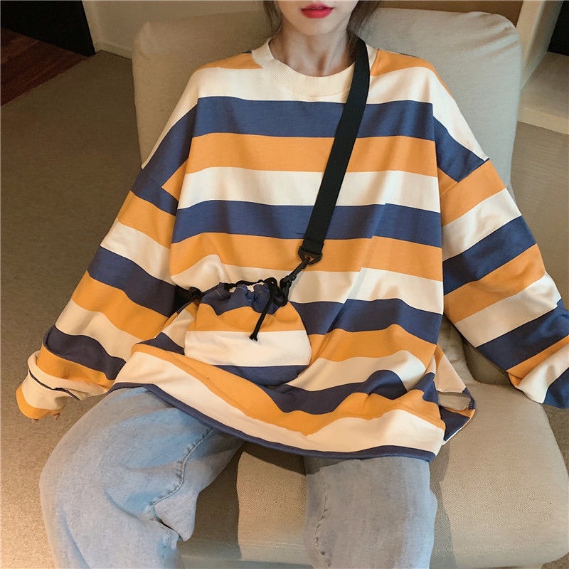 Áo Sweater Tay Dài Đệm Nhung Dày Dáng Rộng Họa Tiết Kẻ Sọc Phong Cách Hàn Quốc Thời Trang Mùa Đông Cho Nữ