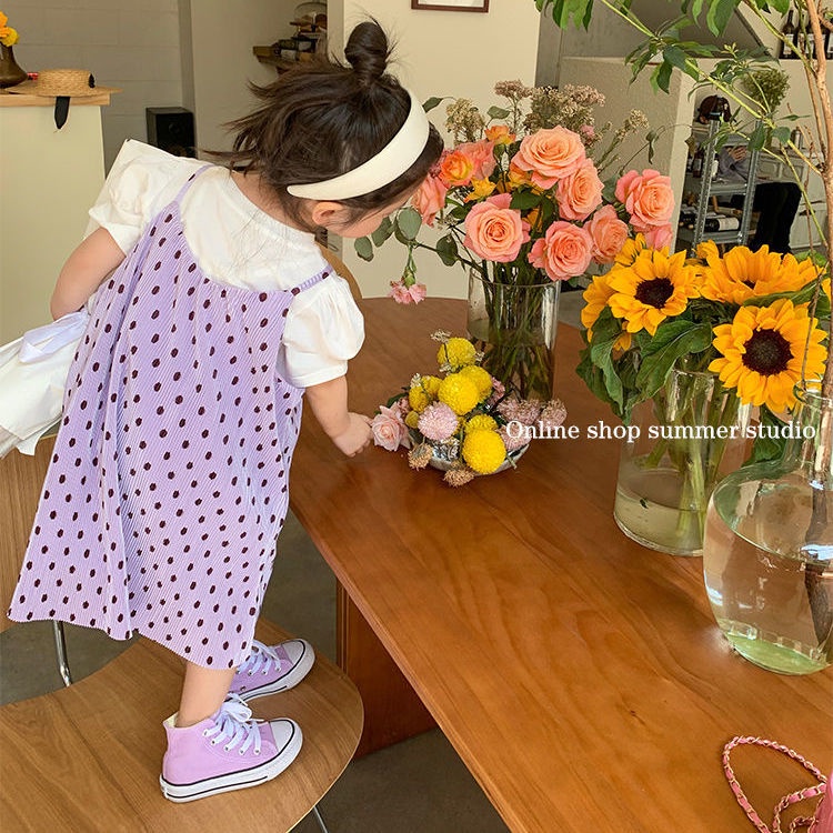 Đầm Hai Dây Dáng Rộng Họa Tiết Chấm Bi Màu Tím Thời Trang Mùa Hè Phong Cách Hàn Quốc Cho Bé Gái 0523
