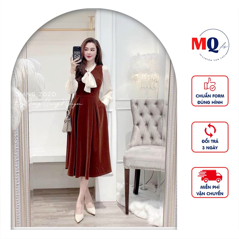 Váy chữ a chân váy xòe MQ CLOTHING, đầm nhung nơ ngực sang chảnh - Hàng nhập khẩu