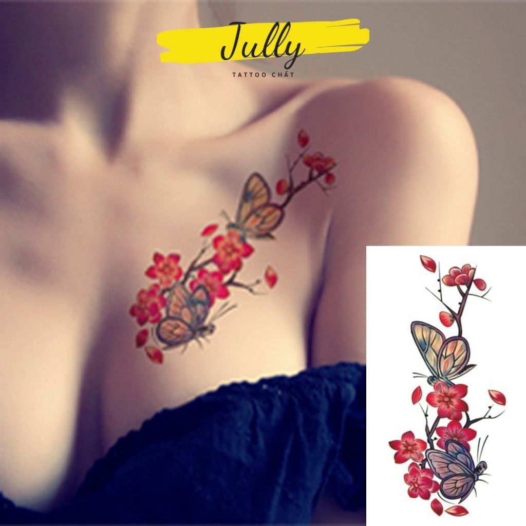 Hình xăm dán cành đào cổ trang mini JULLY Tattoo chất, xăm tạm thời 15 ngày chống thấm nước