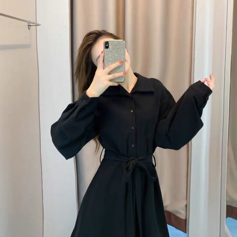 Đầm sơ mi Perty màu đen dáng ôm phong cách Hàn Quốc thời trang mùa thu cho nữ