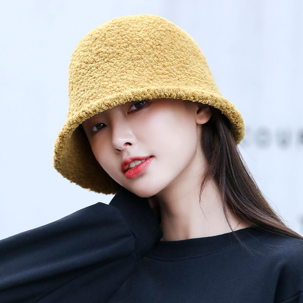 Mũ bucket vải len lông cừu màu trơn đơn giản thời trang Hàn Quốc cho nữ