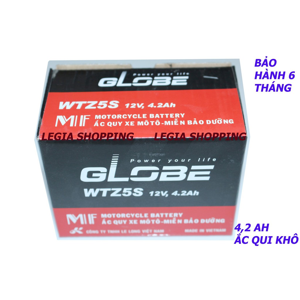 BÌNH ẮC QUI XE MÁY GLOBE WTZ5S - 12V 4.2AH GẮN WAVE RS100, RS110, AIR BLADE 110, EXCITER 135 / 150