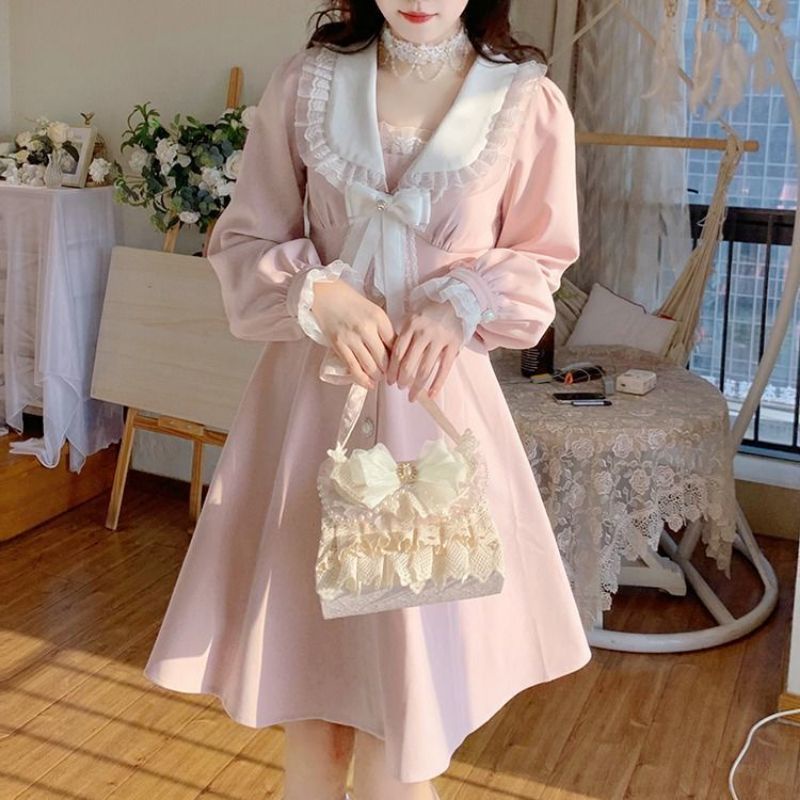 Đầm búp bê cổ ren thắt nơ 100% ảnh thật