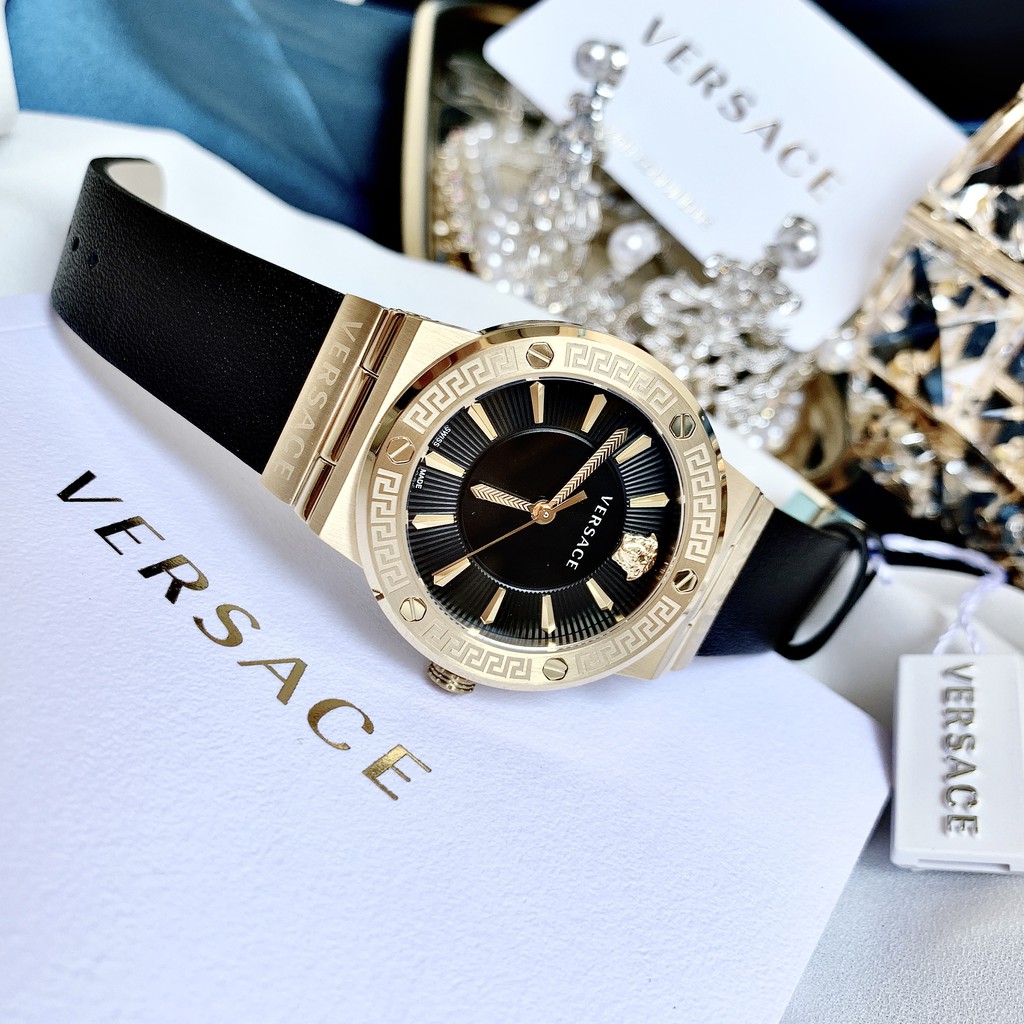 Đồng hồ nữ chính hãng Versace Greca Logo - Máy Quartz pin Thụy Sĩ - Kính Sapphire - Dây da đen