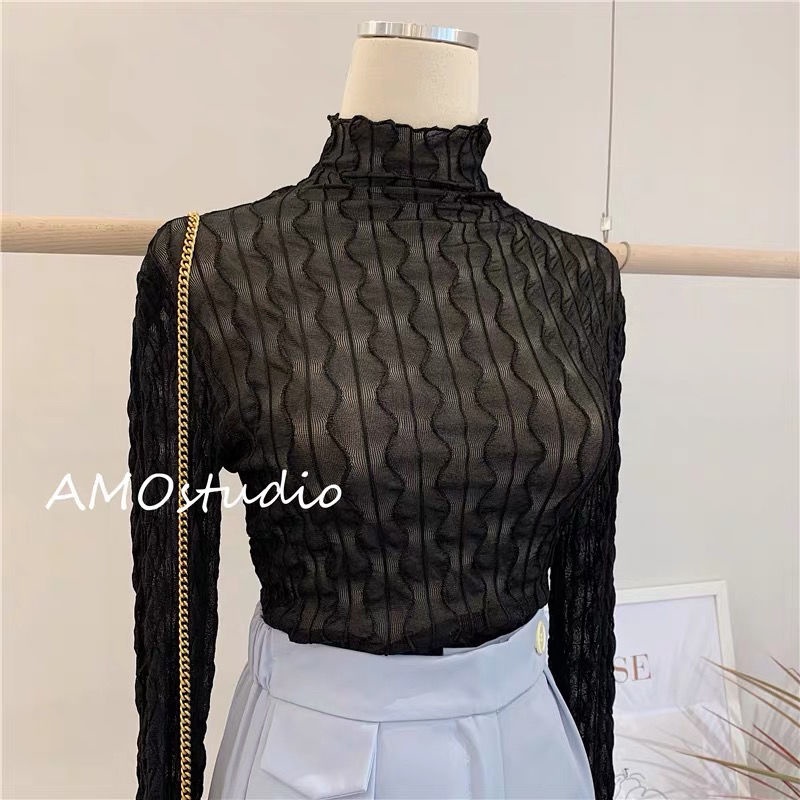 New turtleneck mesh lingerie for ladies in spring and fall sheer lace long-sleeved tops for ladies