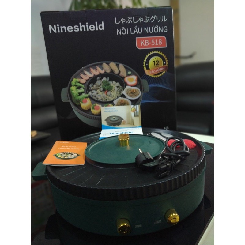 Bếp lẩu nướng điện đa năng 2 trong 1 Nine shield hàng cao cấp thiết kế ấn tượng với màu xanh ngọc sang trọng