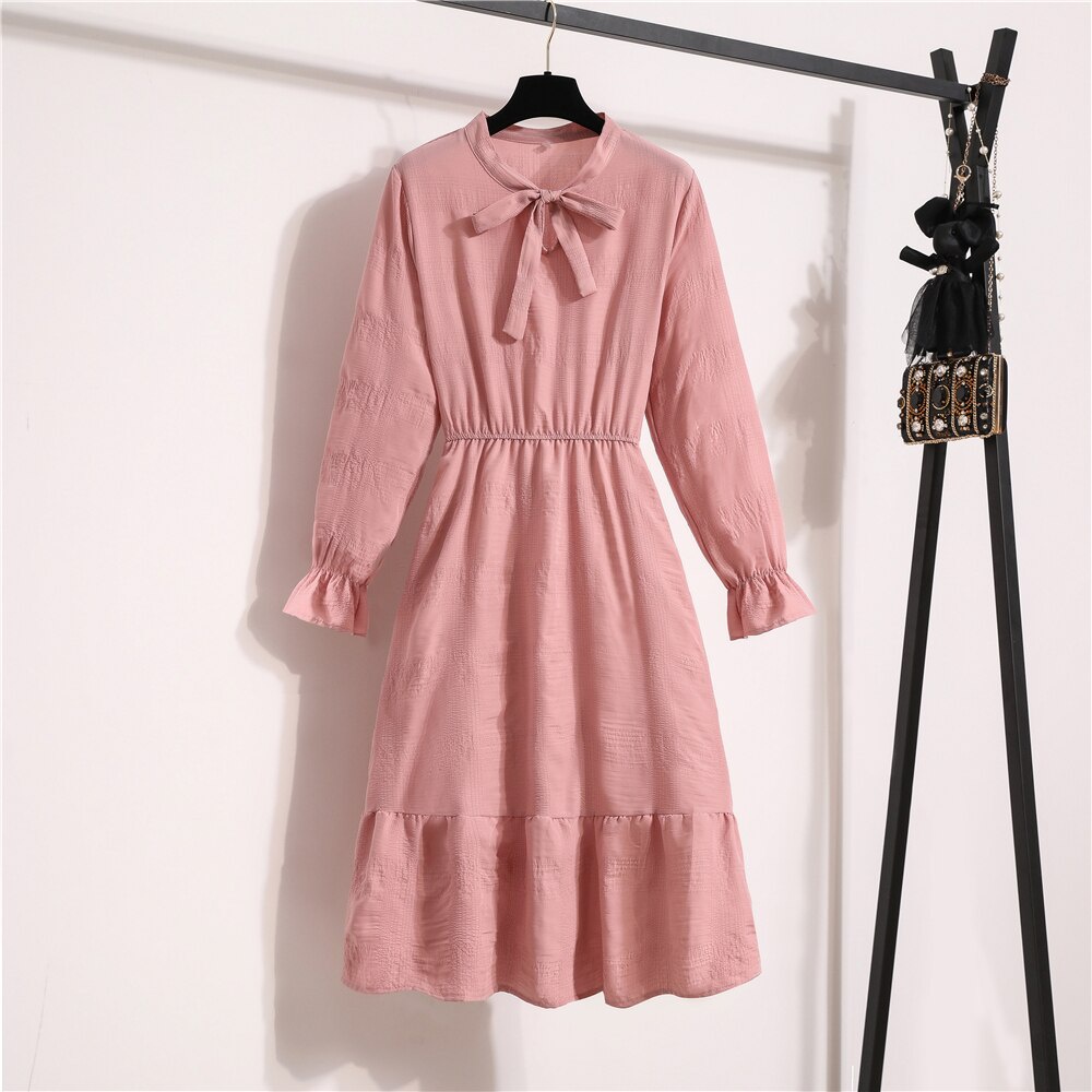 Women Long Sleeve Chiffon Dresses Autumn Solid Bow Neck Elastic Waist Long Dress Female Flare Sleeve A-Line Dress