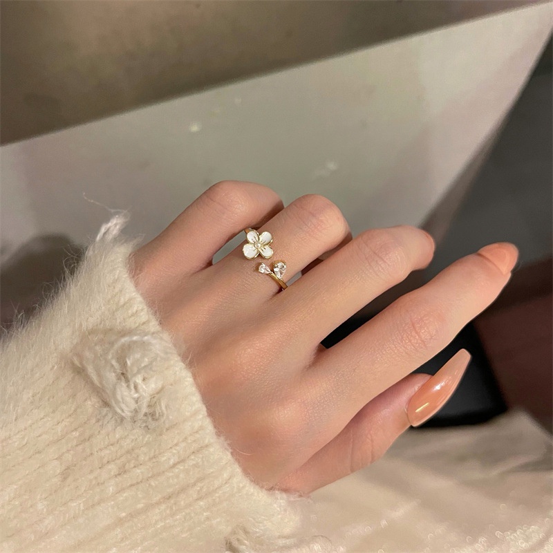 Nhẫn hở hình hoa đính ngọc trai có thể điều chỉnh được thiết kế tinh tế kiểu Hàn Quốc đơn giản thanh lịch cho nữ