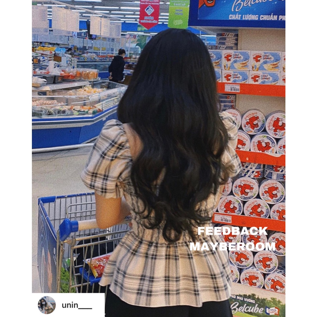 Áo sơ mi kẻ thiết kế bo chun Linda Mayberoom