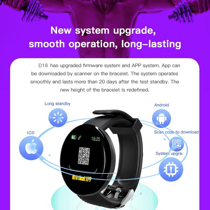 D18 Bluetooth 4.0 Smartwatch Sport IP65 Tahan Air Smart Bracelet Health Tracker Smartband