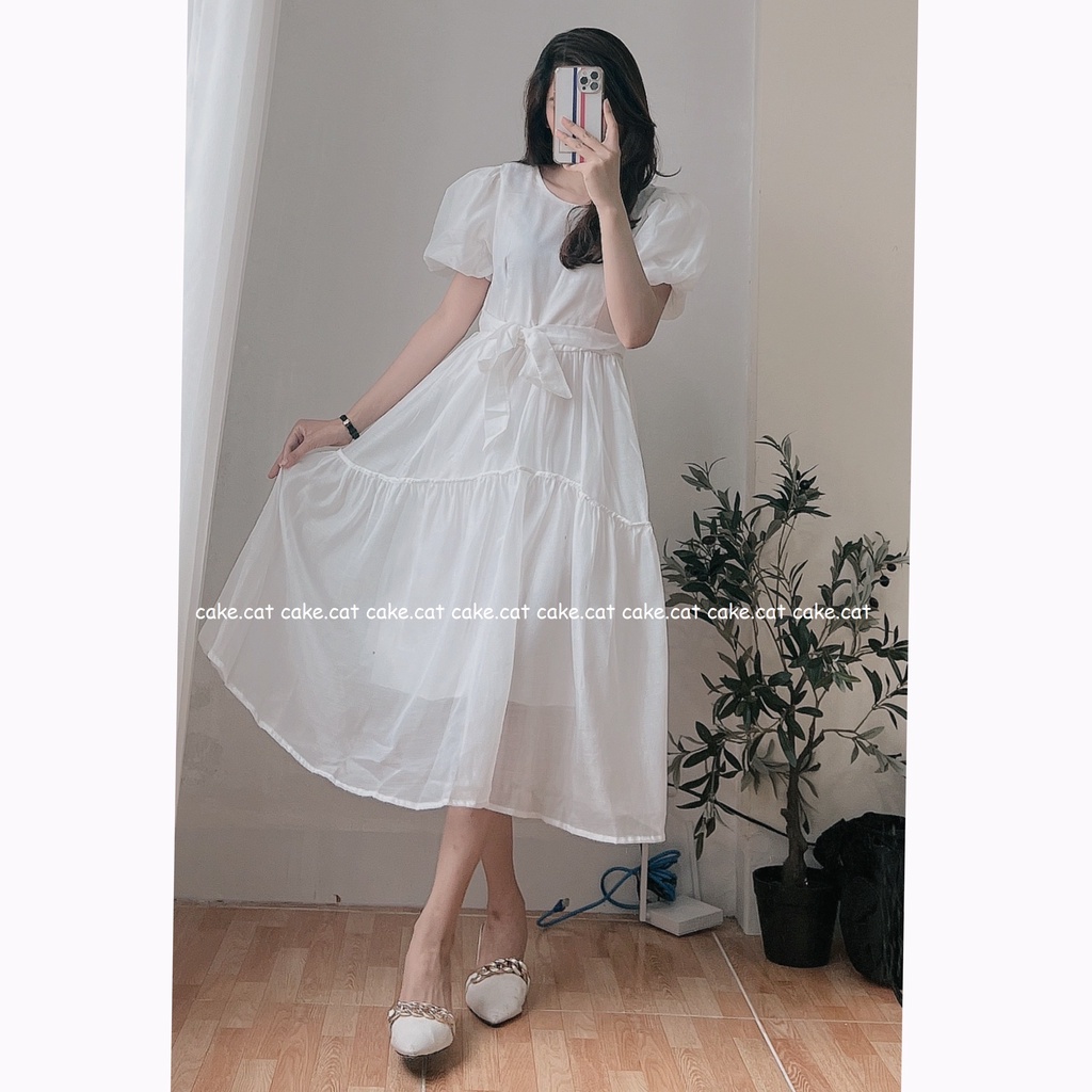 Đầm Váy Trắng Công Chúa Bồng Bềnh Thắt Nơ Eo Xinh