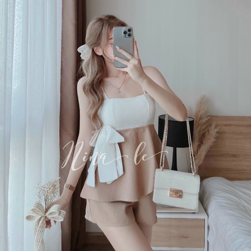 set áo dây xốp phối quần short