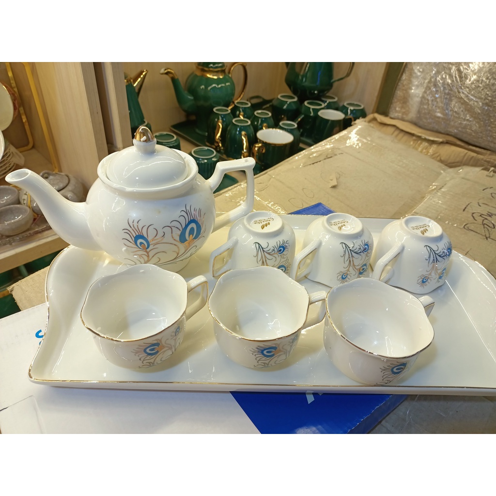 [ ảnh thật ] BỘ ẤM CHÉN XANH NGỌC KÈM KHAY SỨ CAMELIA