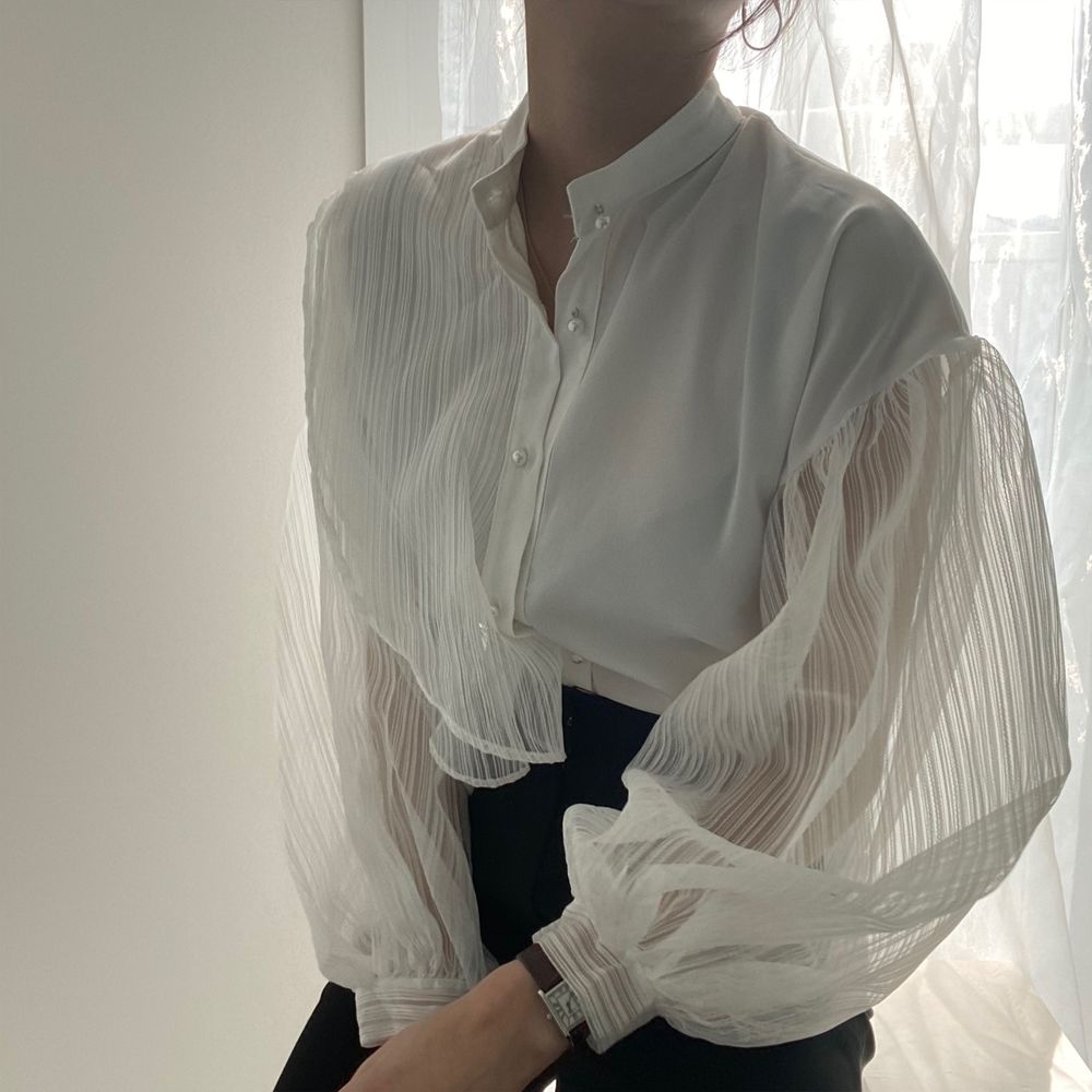 Áo sơ mi cổ đứng tay lưới thời trang hè cho nữ