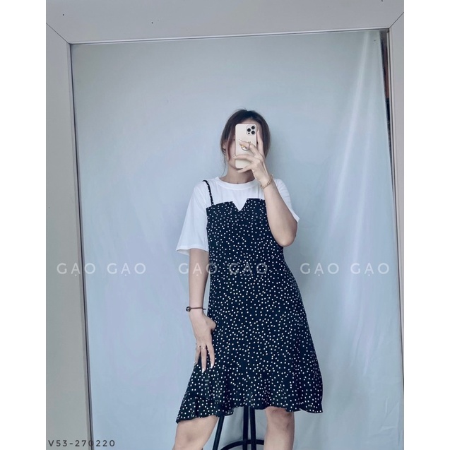 v53 váy giả yếm chấm bi cho con bú