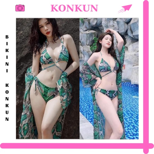 Sét bikini 3 món họa tiết rắn đồ bơi 2 mảnh kèm áo khoác KONKUN MS111