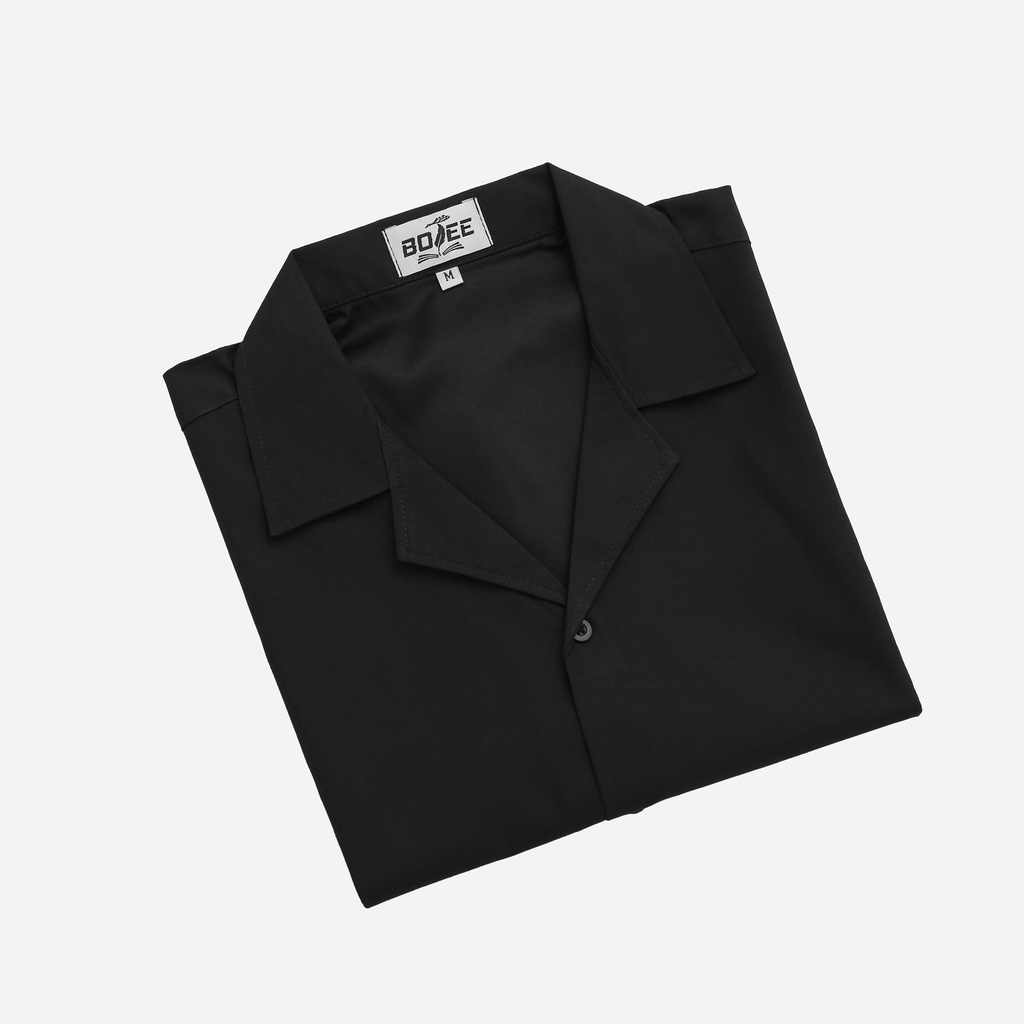 Áo sơ mi Botee Đen Cổ Vest ngắn tay form rộng unisex nam nữ vải lụa