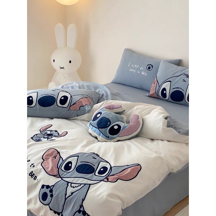 Bộ Chăn Ga Gối 5 Món mẫu STITCH -  Cotton Linen Họa Tiết Hoạt Hình Disney Dễ Thương