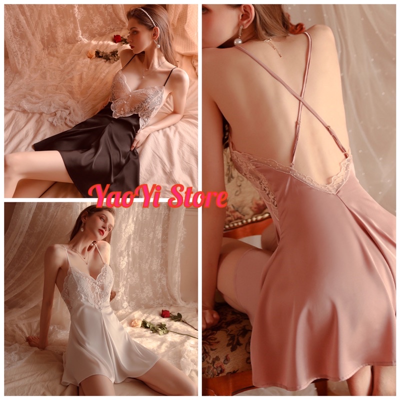 Váy Ngủ Lụa 2 Dây Phối Ren Hoa Sexy Cao Cấp