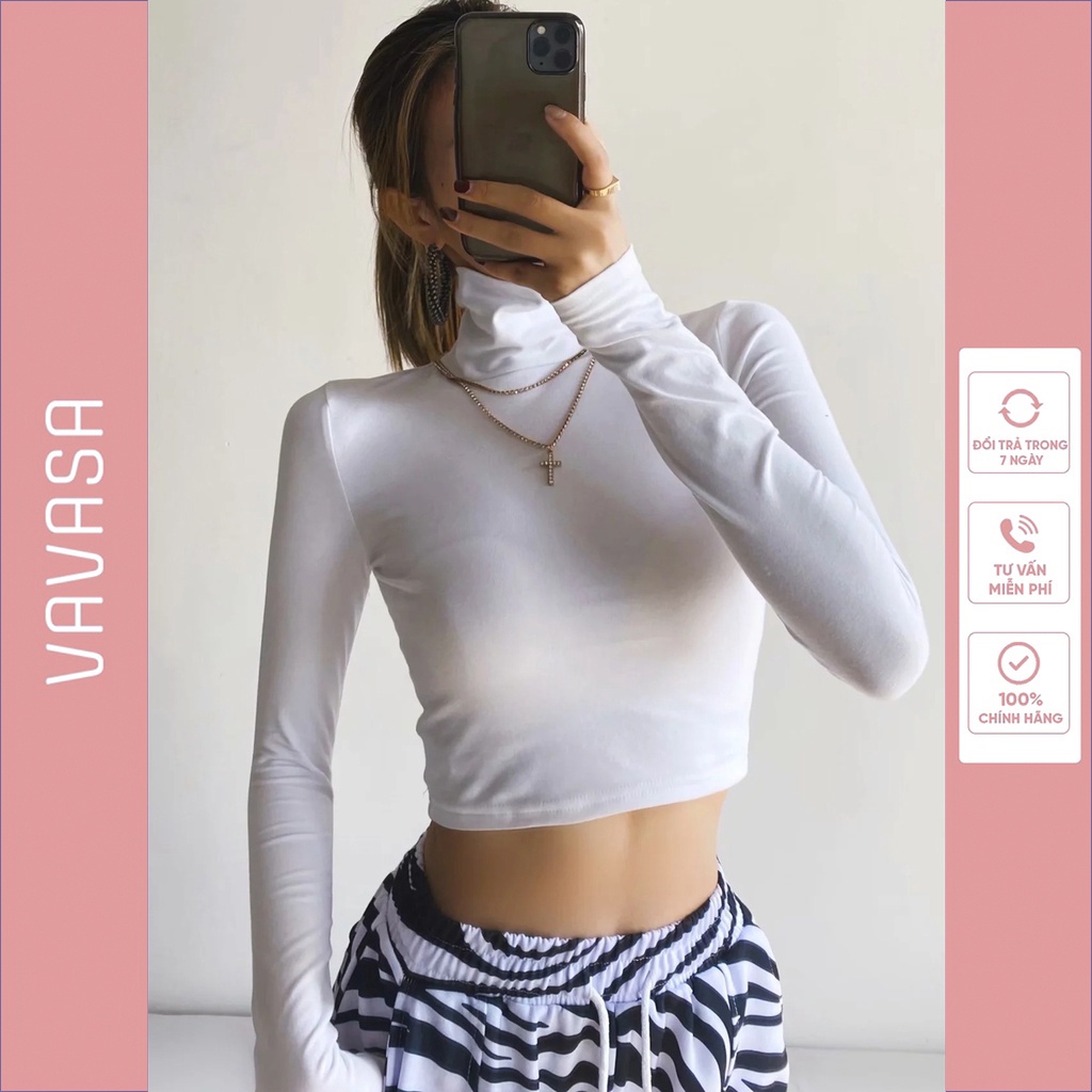 Áo croptop nữ tay dài kiểu ôm có cổ lọ bigsize thun body CT07